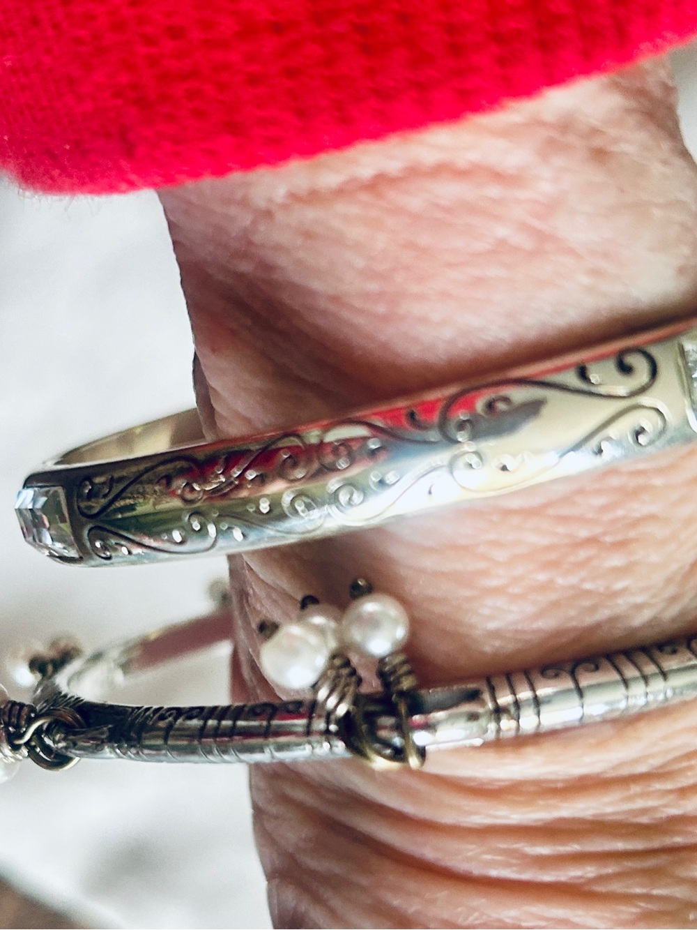 Silver Toned Engraved Bangle Bracelets (Set)